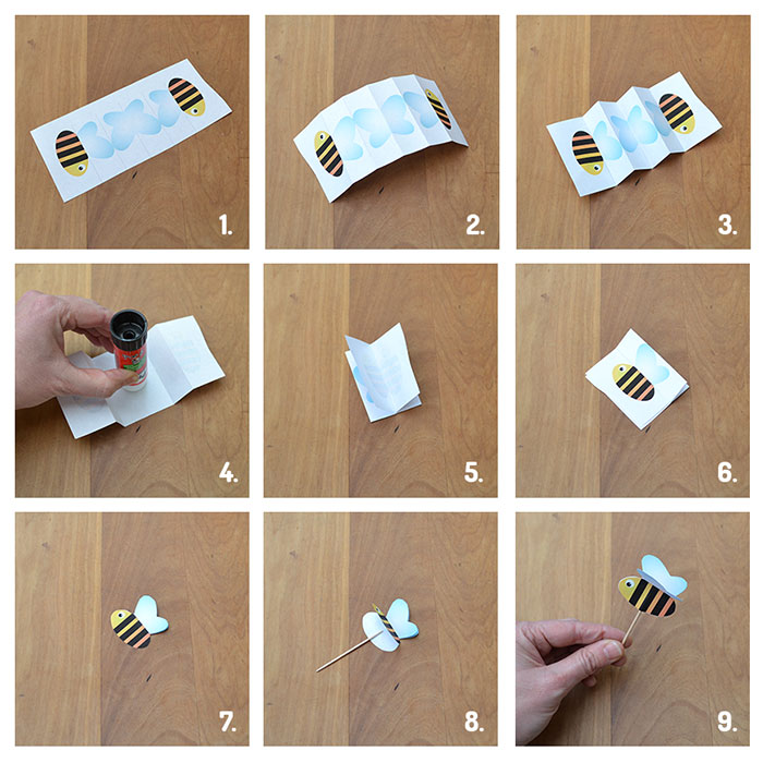 afbeelding met uitleg over het inelkaar zetten van de cupcake topper Bloemetjes en bijtjes